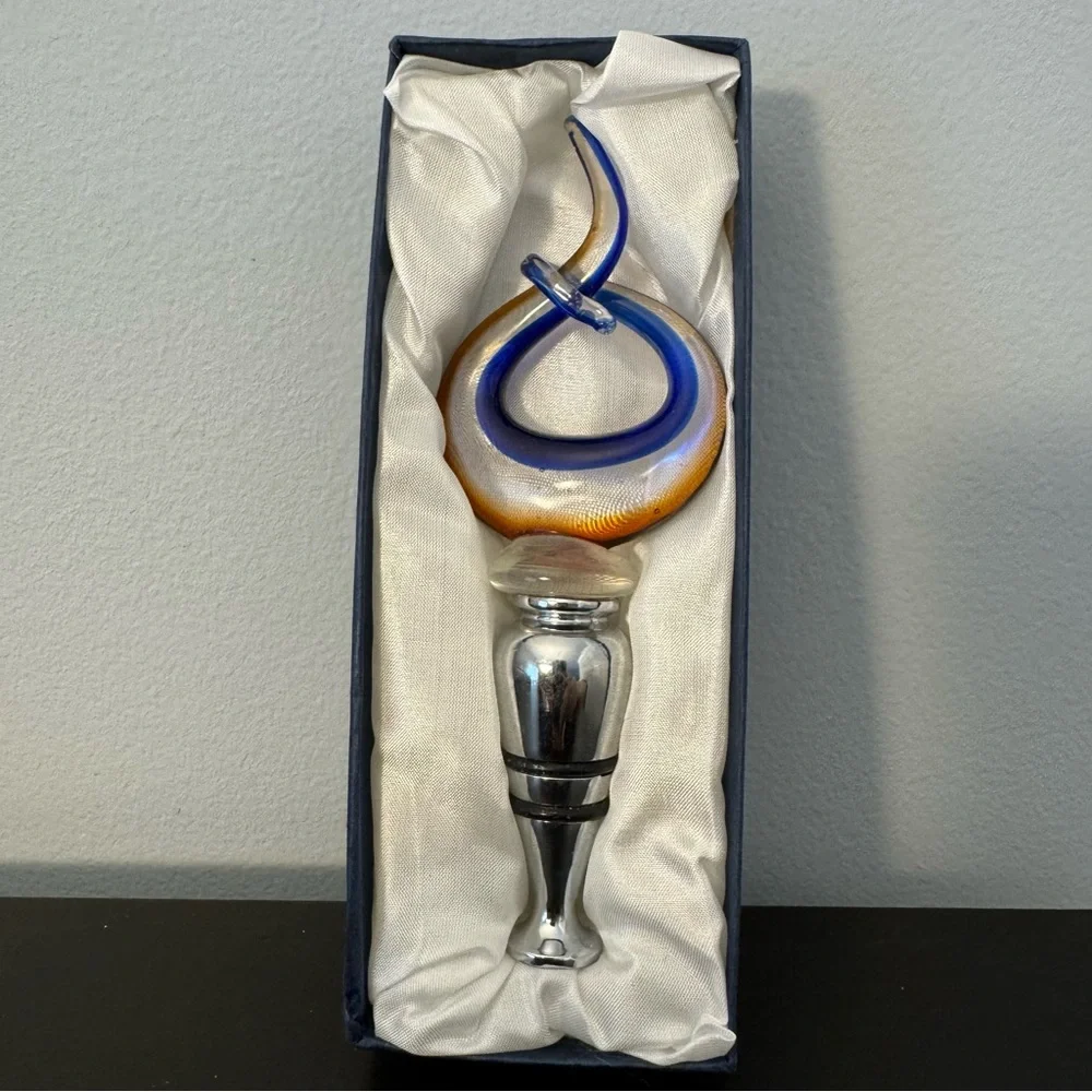 Murano-style Glass Wine Bottle Stopper. Handmade. Blue & orange swirl design NWT